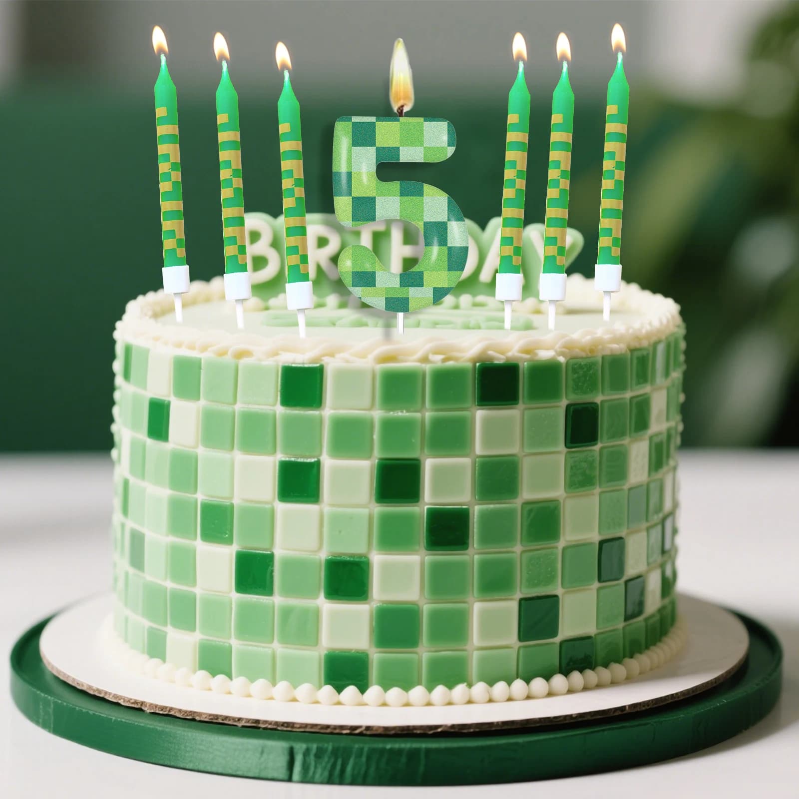7pcs Green my world Candle Birthday Party Pixel Theme Birthday Party Video Game Party Decoration 0-9 Cake Top Digital Candles