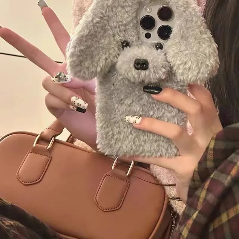 Fluffy Hair 3D Cute Teddy Dog Phone Case For iPhone 17 Pro Max Case 16 Plus 15 14 13 12 11 XS XR Plush Fluff Toy Soft Back Cover
