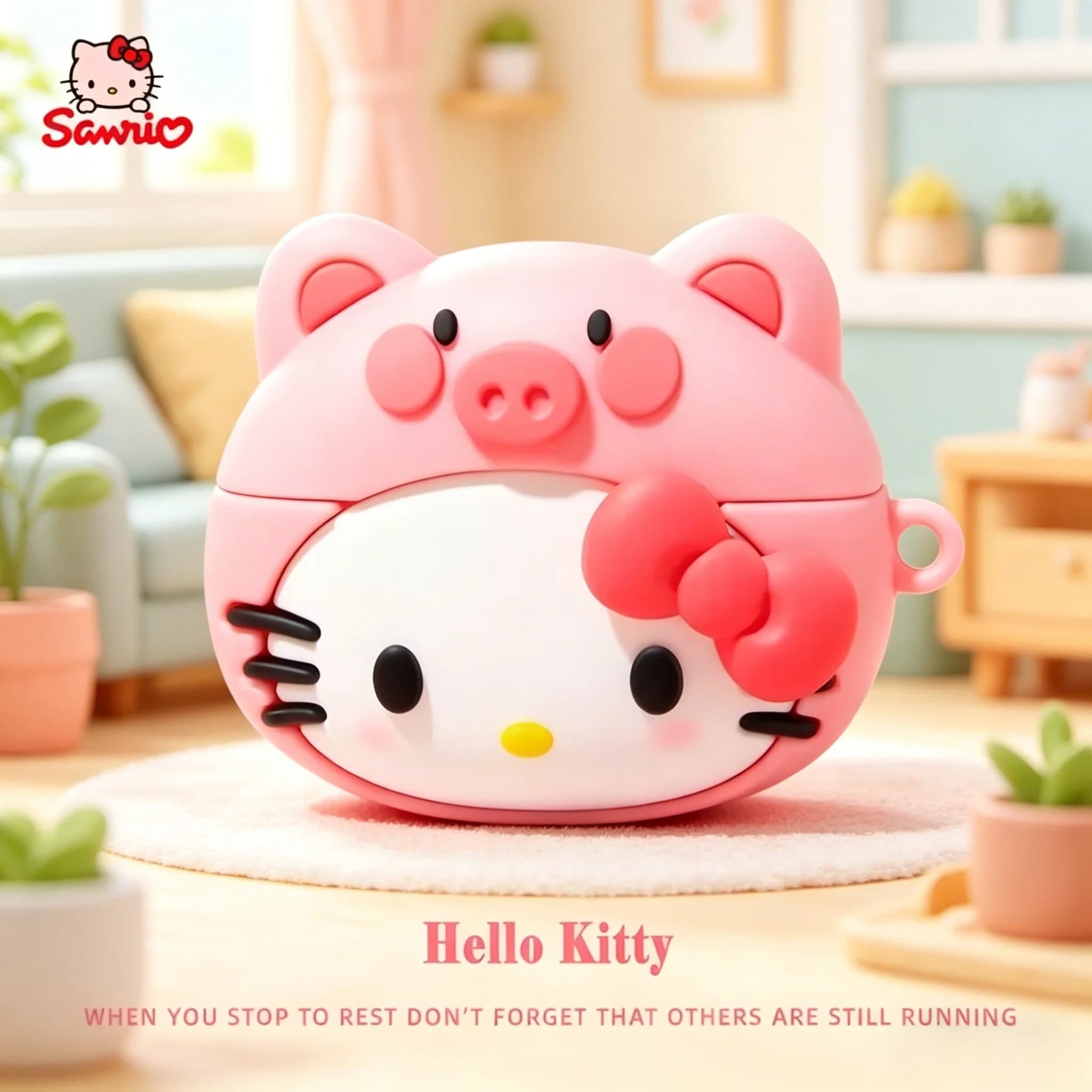 Custodia Protettiva in Silicone 3D a Forma di Fiocco di Hello Kitty Sanrio per Auricolari Airpods 1 2 3 4 Pro 2 con Cordino