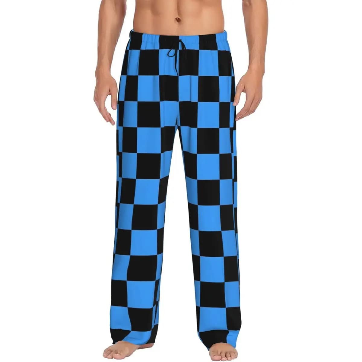 Pantaloni da pigiama a quadretti personalizzati da uomo Pantaloni da notte da salotto blu e neri elasticizzati con tasche