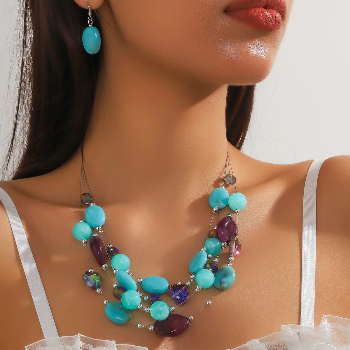KMVEXO Set di gioielli da sposa da sposa Set di orecchini da donna con ciondolo in cristallo rosa blu Set di gioielli con perline africane Bijoux Femme