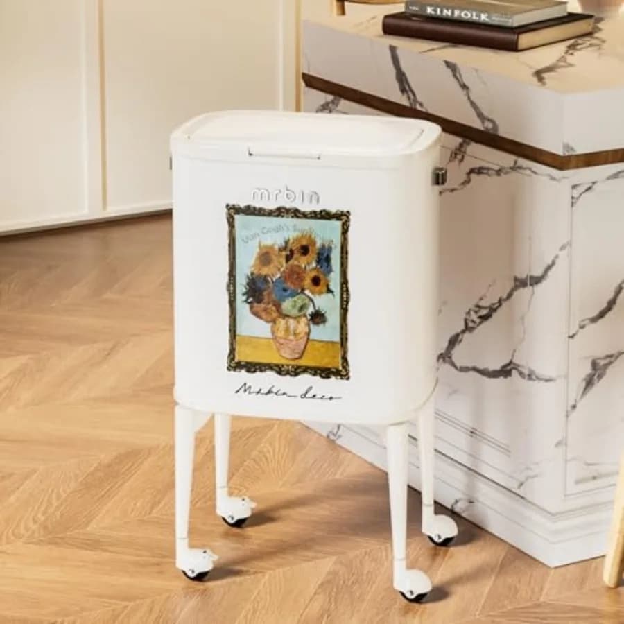 Cestino per Rifiuti Artistico da 23L con Ruote, Coperchio Apribile a Pressione, Contenitore Alto con Ruote Bloccabili, Cestino in Metallo per Ki
