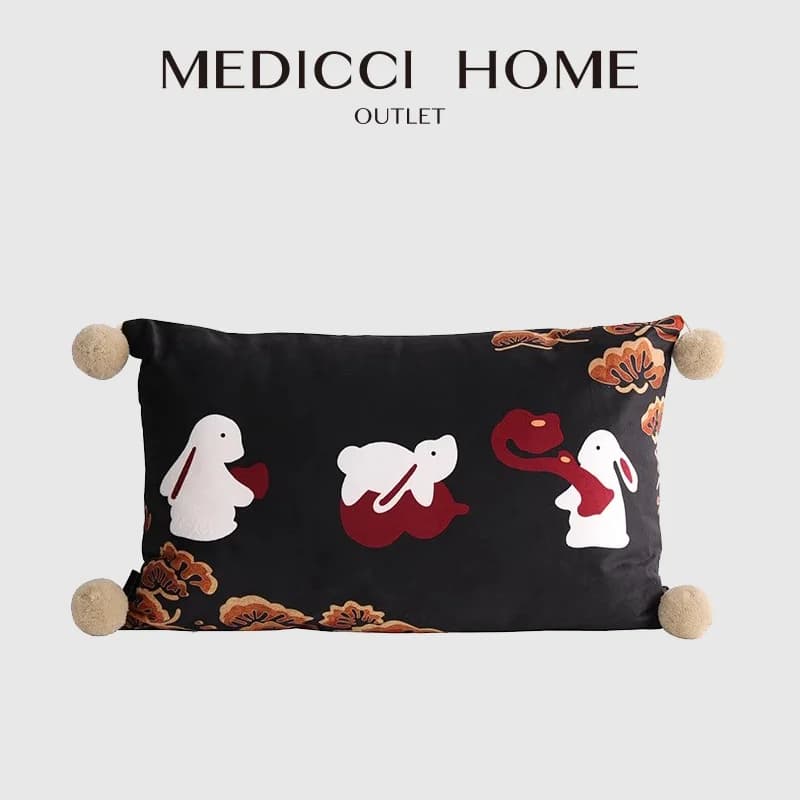 Medicci Casa Conigli rilassati Applique Ricamato Fodera per cuscino lombare Custodia per cuscino in velluto di seta di lusso 35x55 cm per divano divano letto