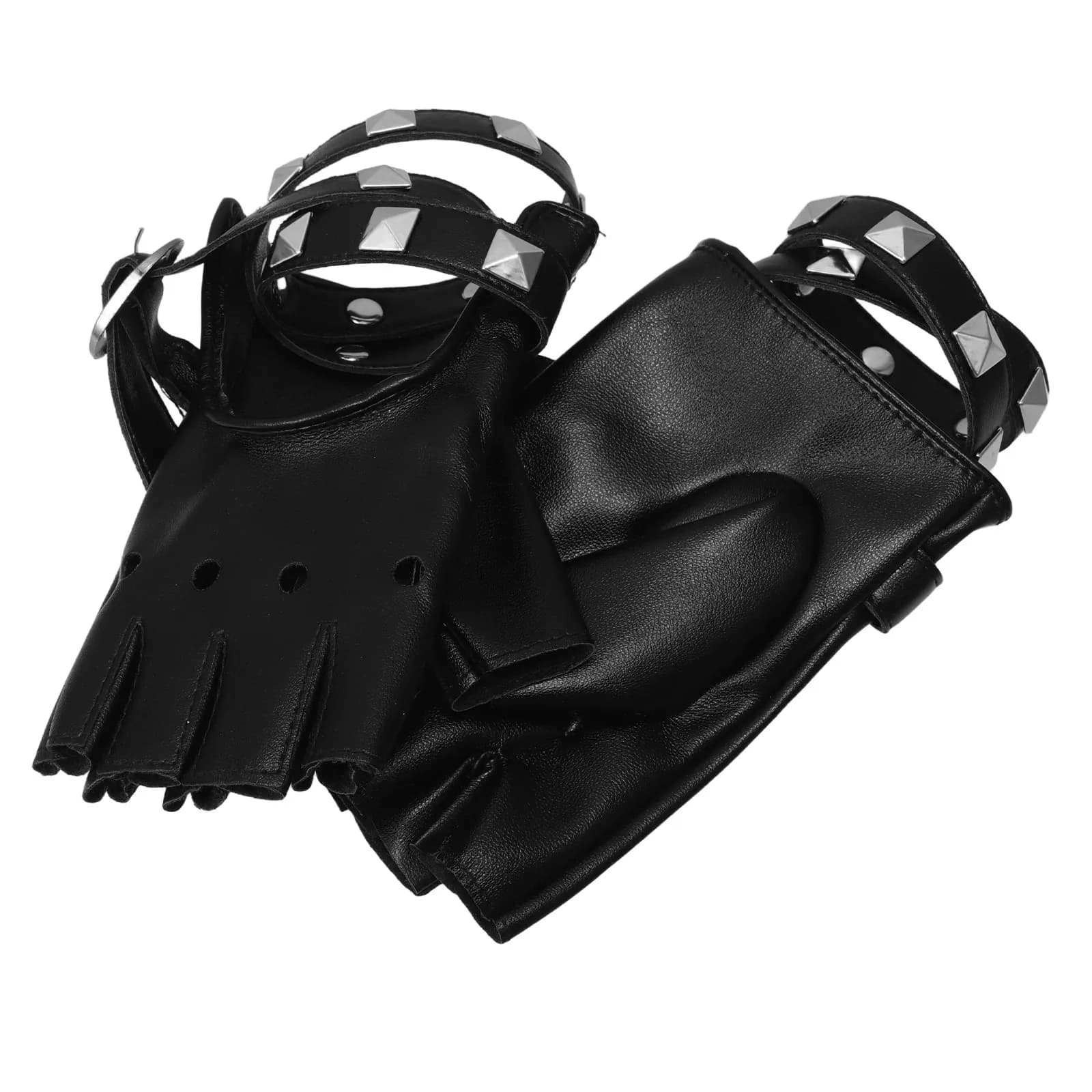 1 pair of black fingerless PU leather gloves with punk rivets, ideal for dance, masked, cycling and stage, for women