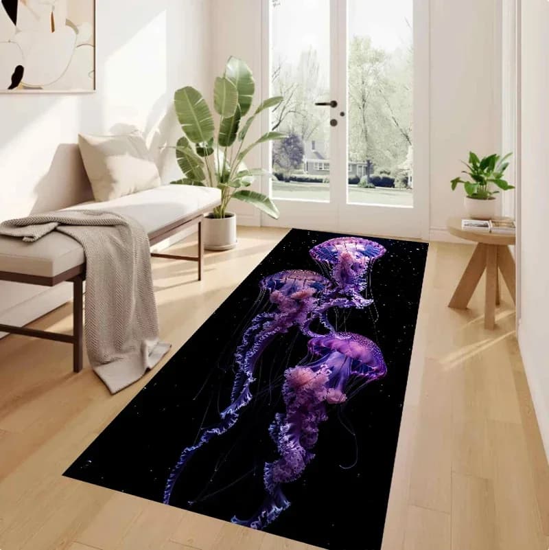 Neon Jellyfish Print Runner Rug Non Slip Underwater Fantasy Carpet for Living Room