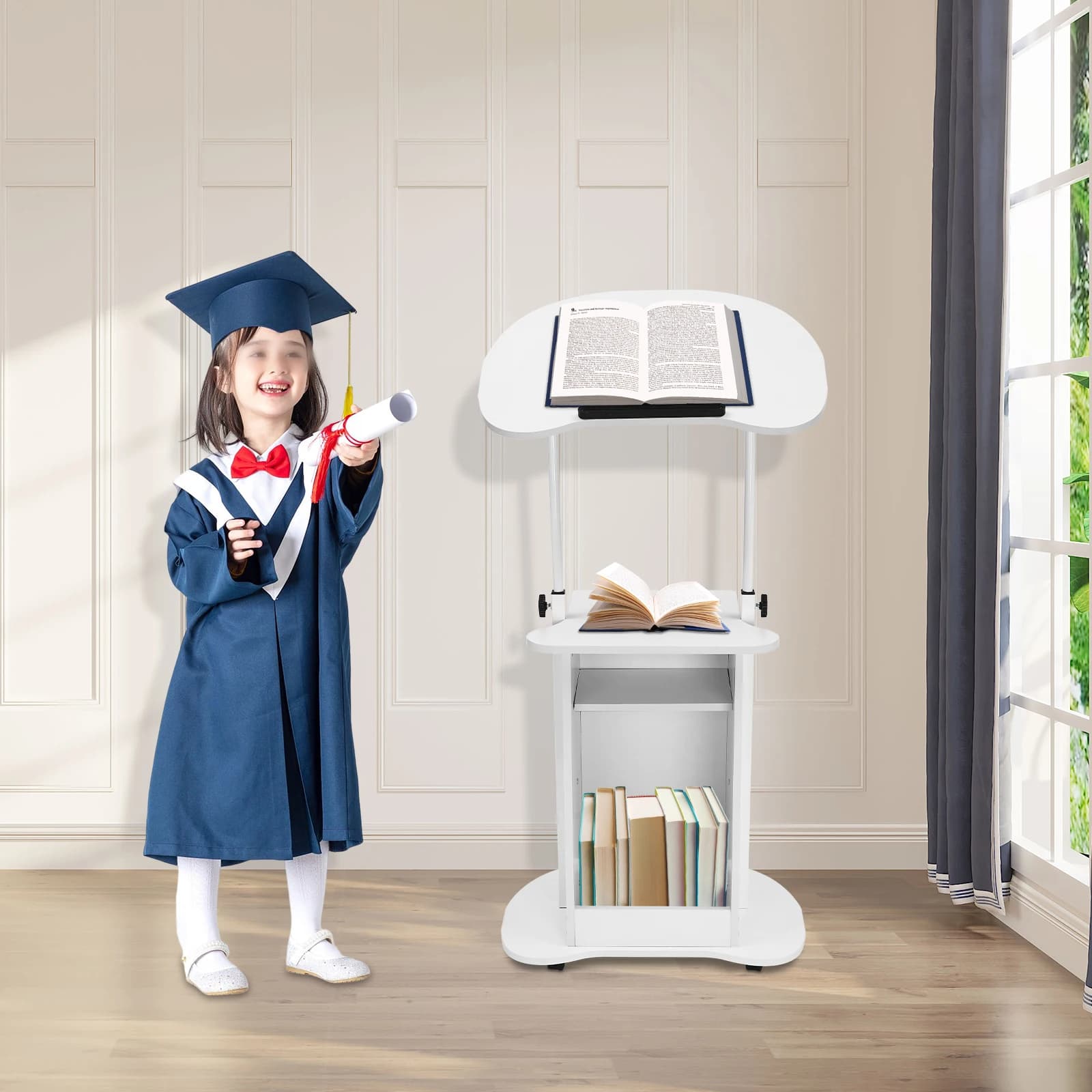 Carrello per laptop in piedi multifunzionale bianco per lezioni di chiesa regolabile in altezza da 85-115 cm con barra antiscivolo e slot per penna