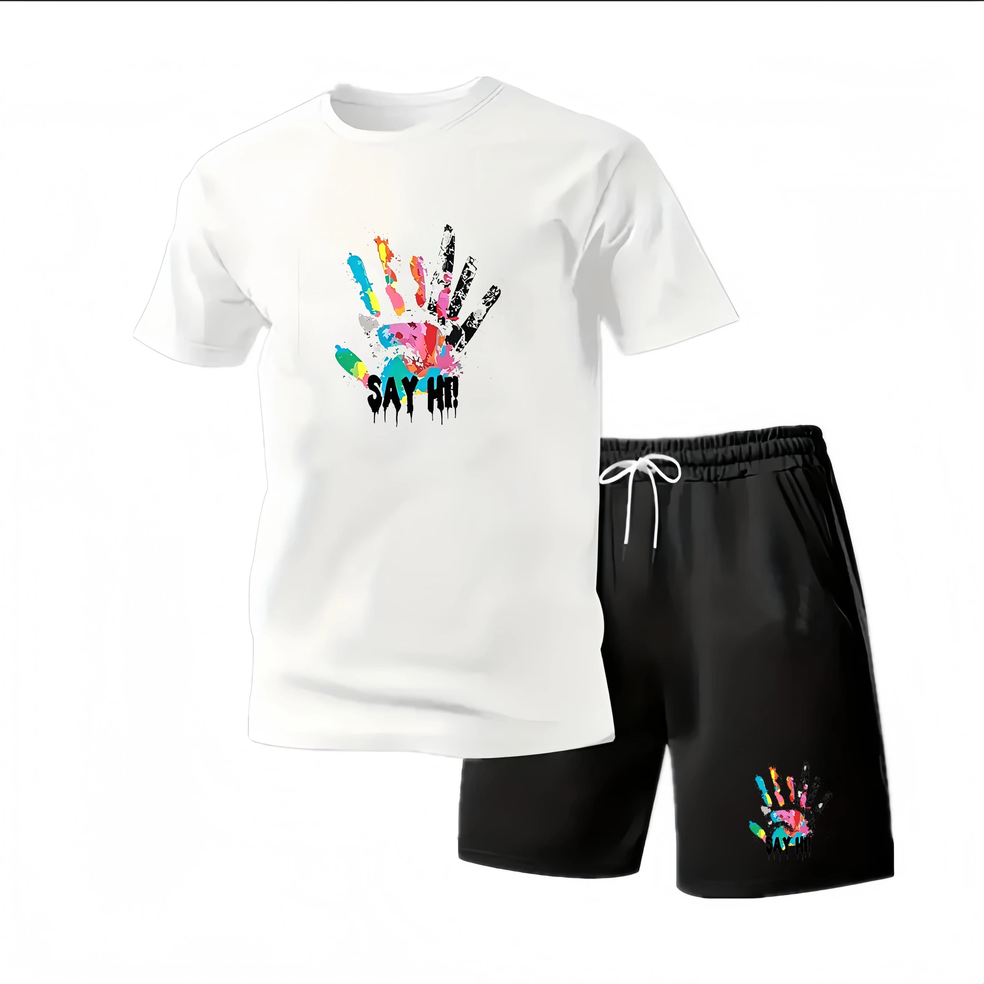 Men Summer Fitness Tracksuit 2 Piece Outfit, Short Sleeve T-shirt Sports Shorts Breathable Quick Dry Casual Jogger Set