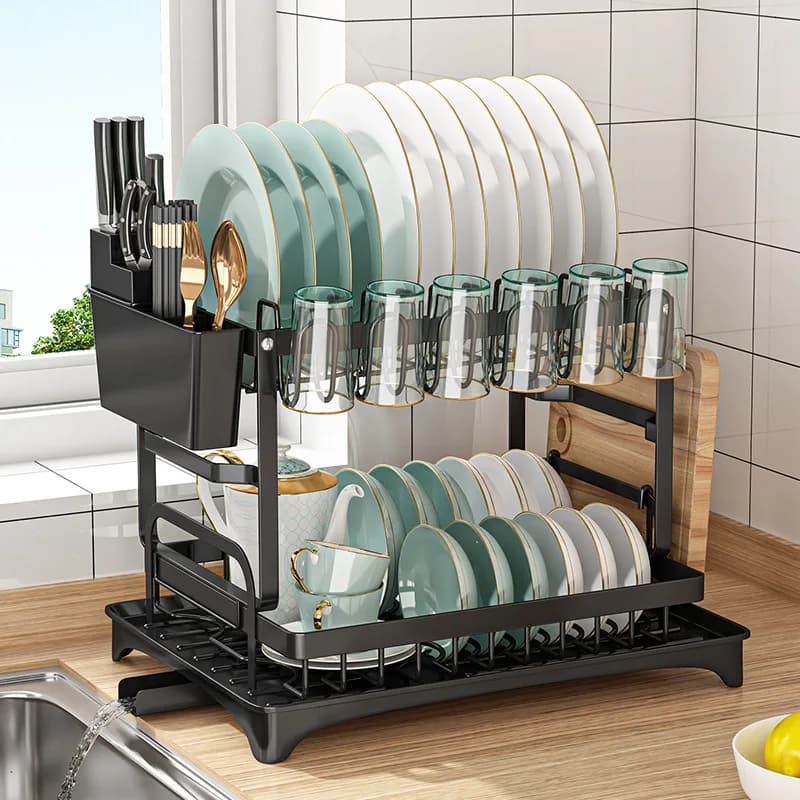 B7 Tier Dish Drying Rack Kitchen Bowl Drainer Storage Rack Tableware Drain Chopsticks Knife Fork Water Cup Storage Holder 2Tier