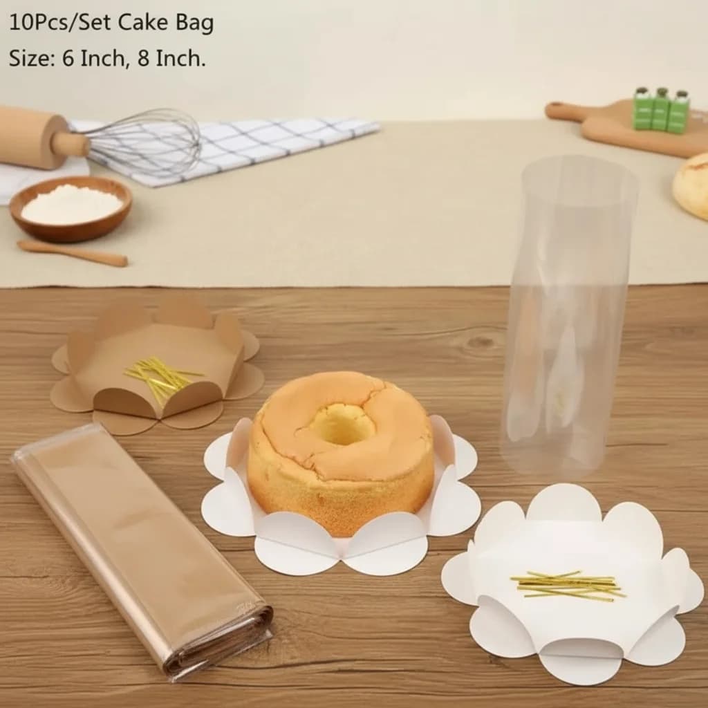 Set di 10 sacchetti per imballaggio di torte in plastica trasparente con vassoio di carta e fascette in filo dorato per cuocere al forno da 6/8 pollici