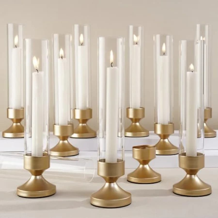 Hurricane Glass Candle Holders, Set of Metal Taper Candlesrick Holders for Centerpieces Tall Gold Candle Stands Bulk with Glass