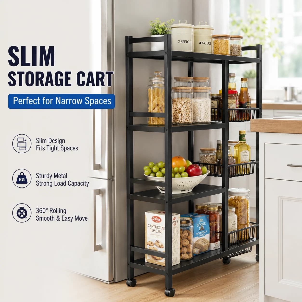 4 Tier Slim Rolling Cart with Wheels Narrow Storage Organizer Shelf for Kitchen Bathroom Laundry Room Mobile Utility Cart with Side Basket and Locking Casters Space Saving Storage Rack for Apartment Pantry Bedroom Garage and Home Organization