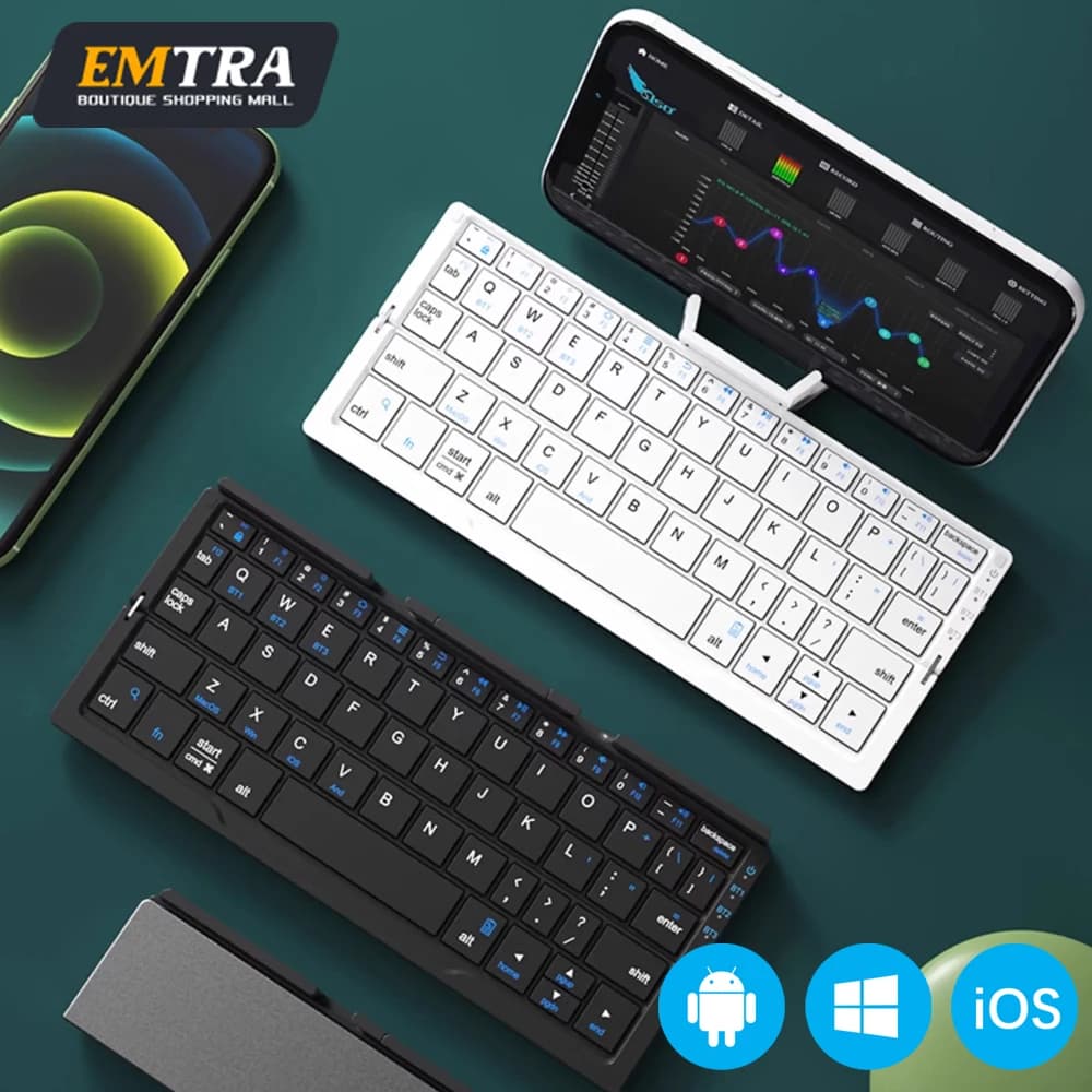 Mini tastiera Bluetooth pieghevole EMTRA, tastiera wireless con supporto per 3 dispositivi, tastiera pieghevole ricaricabile per telefono e tablet