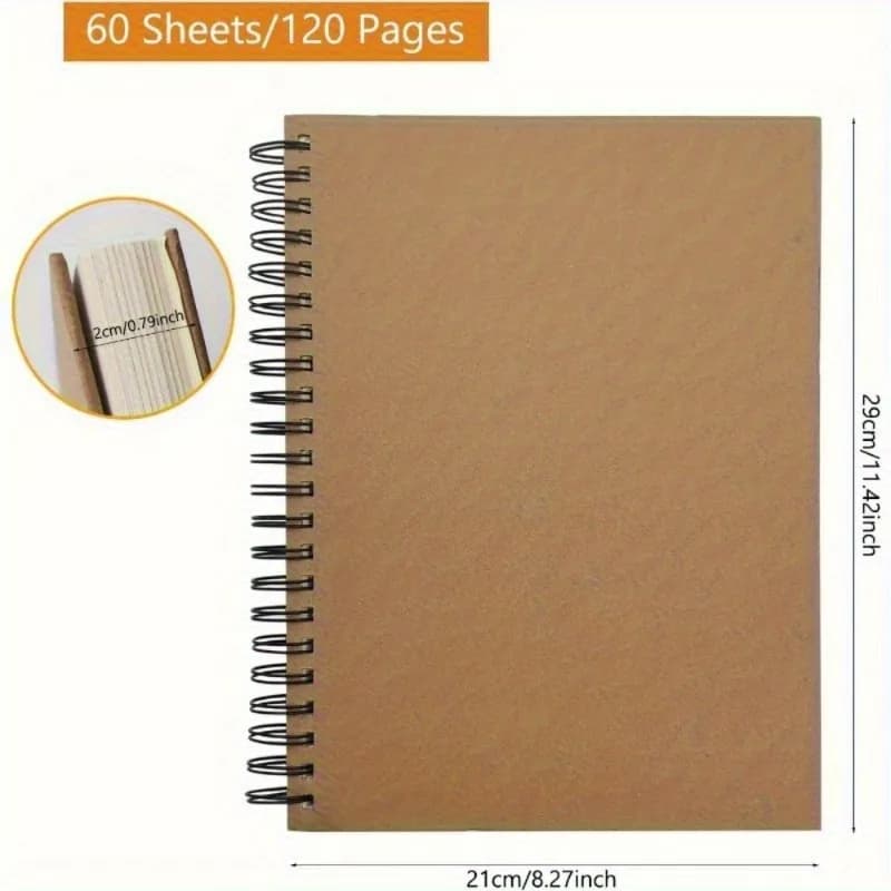 1Pc A4 Sketchbook Spiral Bound Kraft Cover Blank Page Travel Painting Landscape Sketch Pad