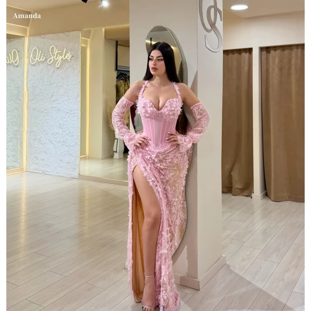 Amanda Customized Pink Halter Deep V Neck Lace Corset High Slit Mermaid Prom Dress with Detachable Sleeves Formal Evening 2026