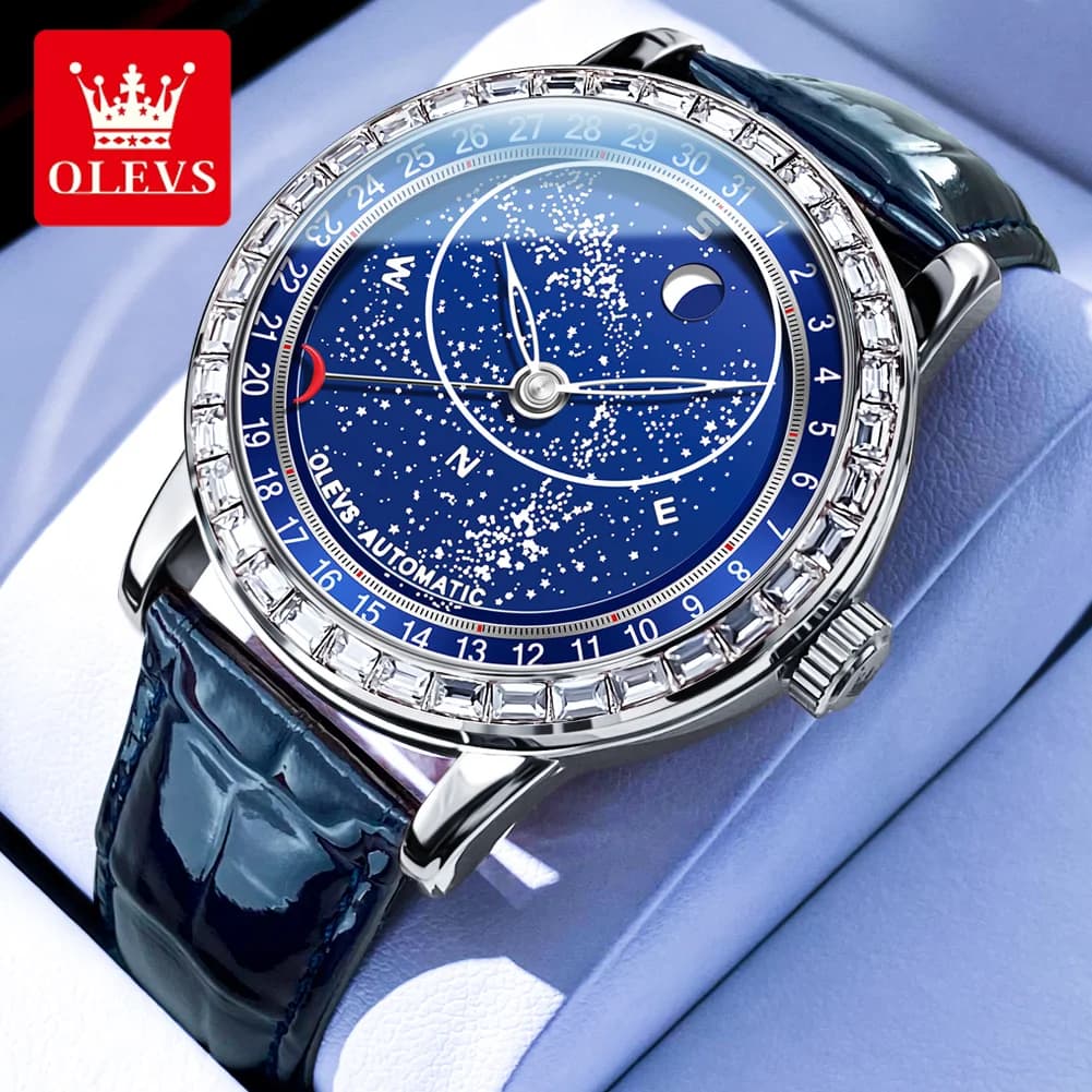 OLEVS 9923 Cielo stellato Orologi meccanici automatici per uomo Cinturino in pelle di lusso originale Orologio da uomo con bussola con fasi lunari impermeabili