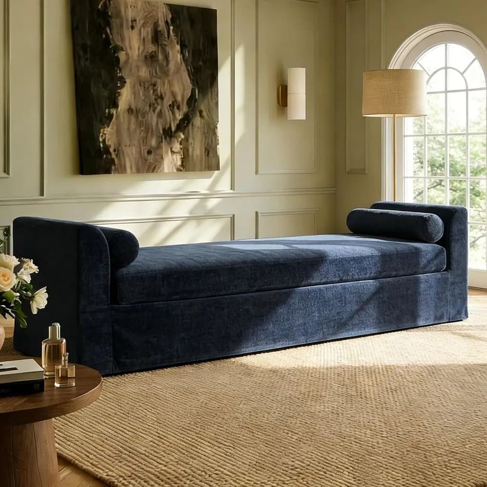 Poltrona Lounge Oversize 88.5 in Ciniglia Blu Navy con Cuscini e Braccioli per Camera da Letto o Soggiorno