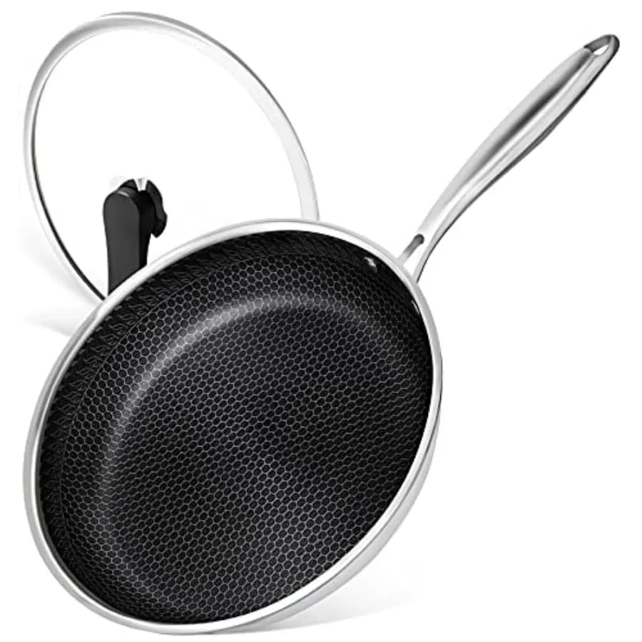 Padella Antiaderente in Acciaio Inox da 12 Pollici con Coperchio e Rivestimento a Nido d'Ape - Compatibile con Induzione