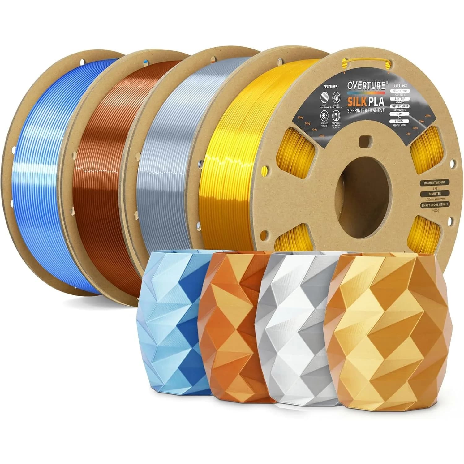 Silk PLA Filament Bundle 4 Rolls 1kg Each, Clog-Free Shiny Metallic Finish for 3D Printer, Silk Gold Silver Copper Blue-Silver