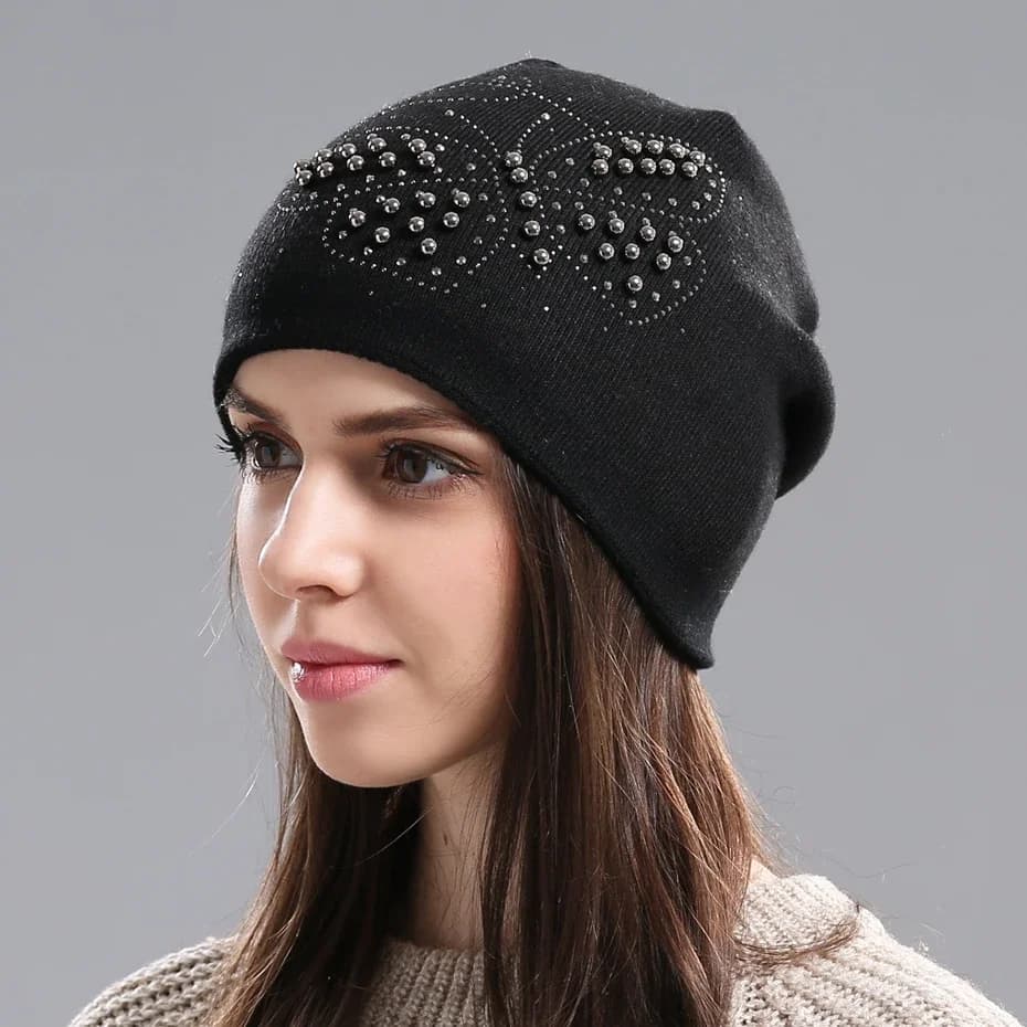 Cappelli invernali da donna Berretto lavorato a maglia di lana Cappello spesso caldo con teschio alla moda a doppio strato