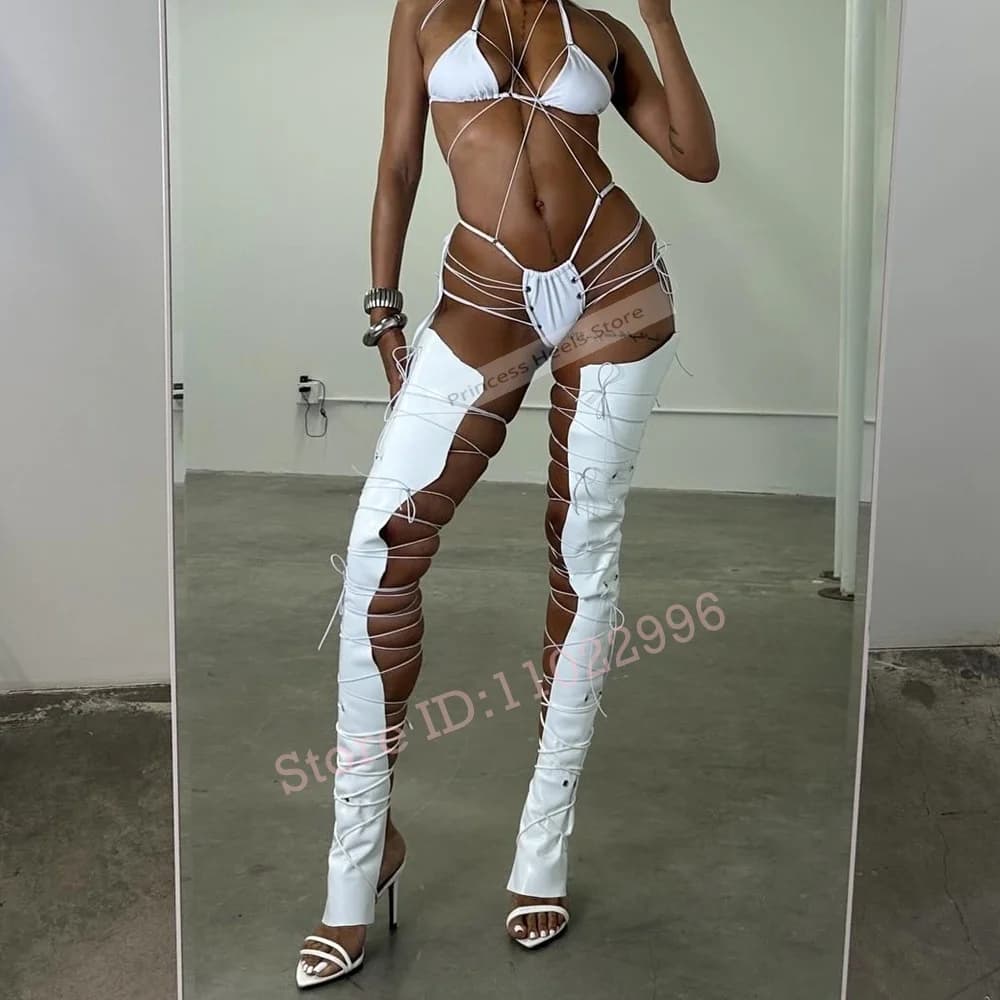 Ritagli cavi Stivali estivi Punta aperta Cinghie incrociate solide Stringate Sandali sexy da donna Stivali Tacchi alti sottili Scarpe sopra il ginocchio
