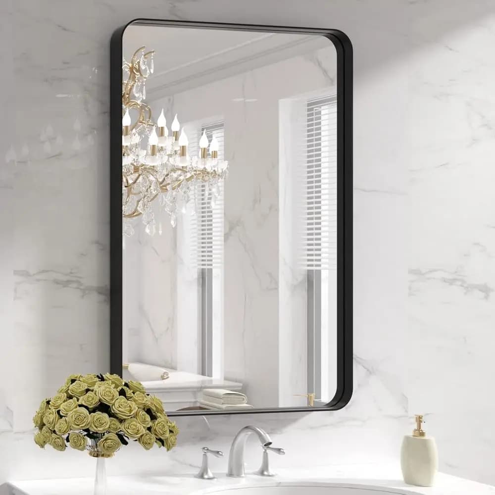 Specchio da Bagno Rotondo Nero Opaco 24x36 Pollici, Resistente alla Ruggine, Opzioni di Appendimento Versatili