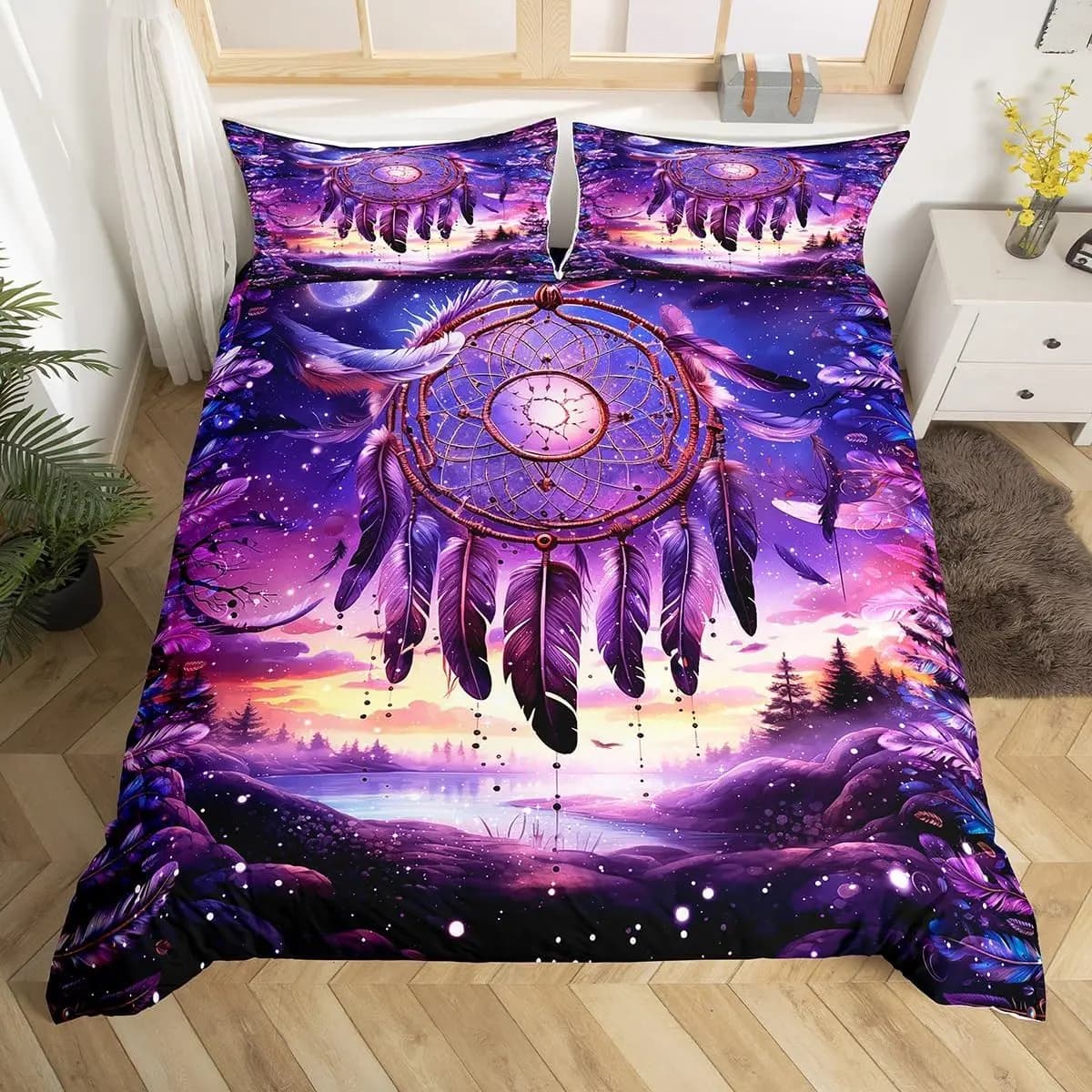 Bohemian Duvet Cover King Dream Catcher Bedding Set,Colorful Feather Floral Comforter Cover Microfiber Starry Sky Quilt Cover