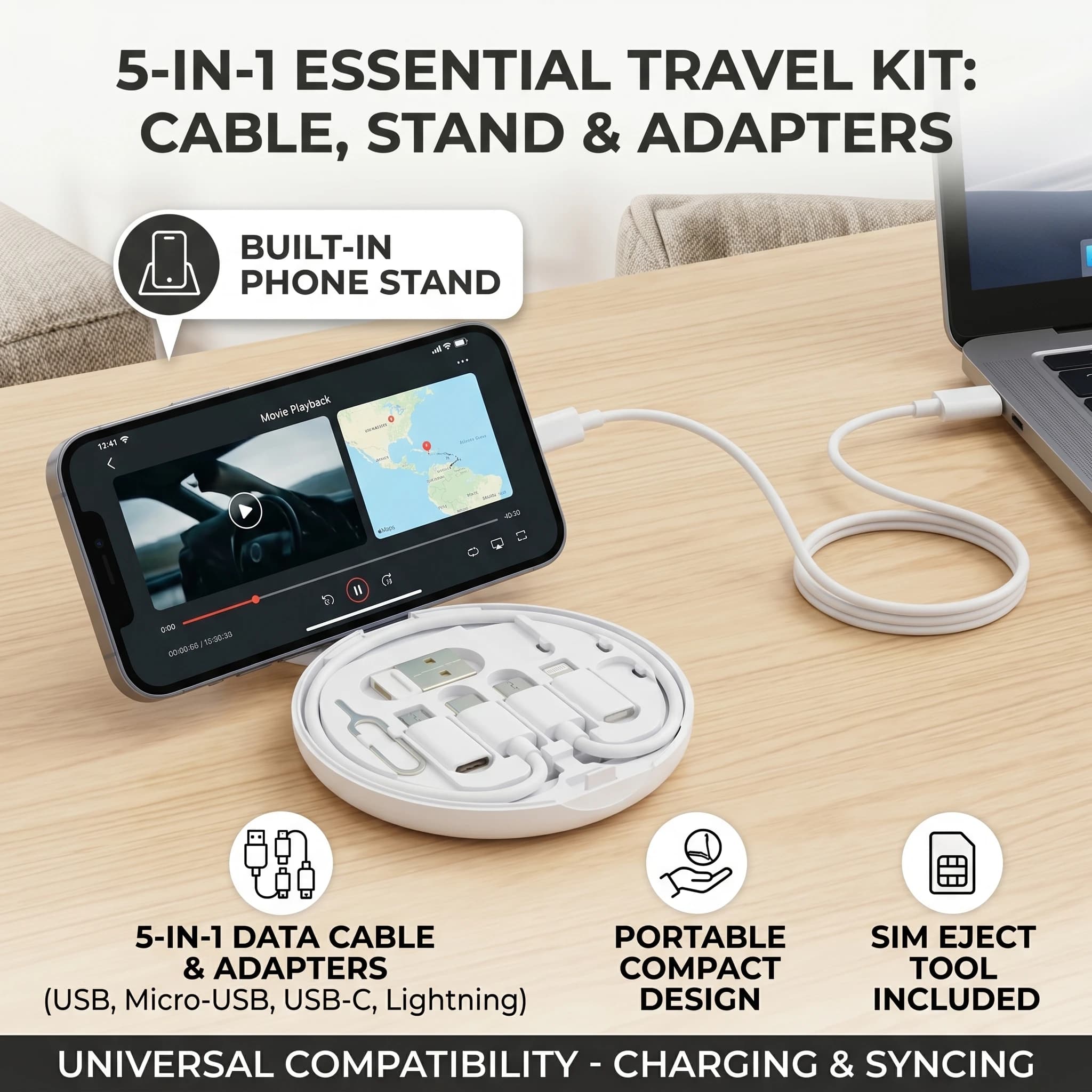 Organizzatore di Cavi Portatile Multifunzione per Ricarica Rapida 60W Apple Android USB 5 in 1