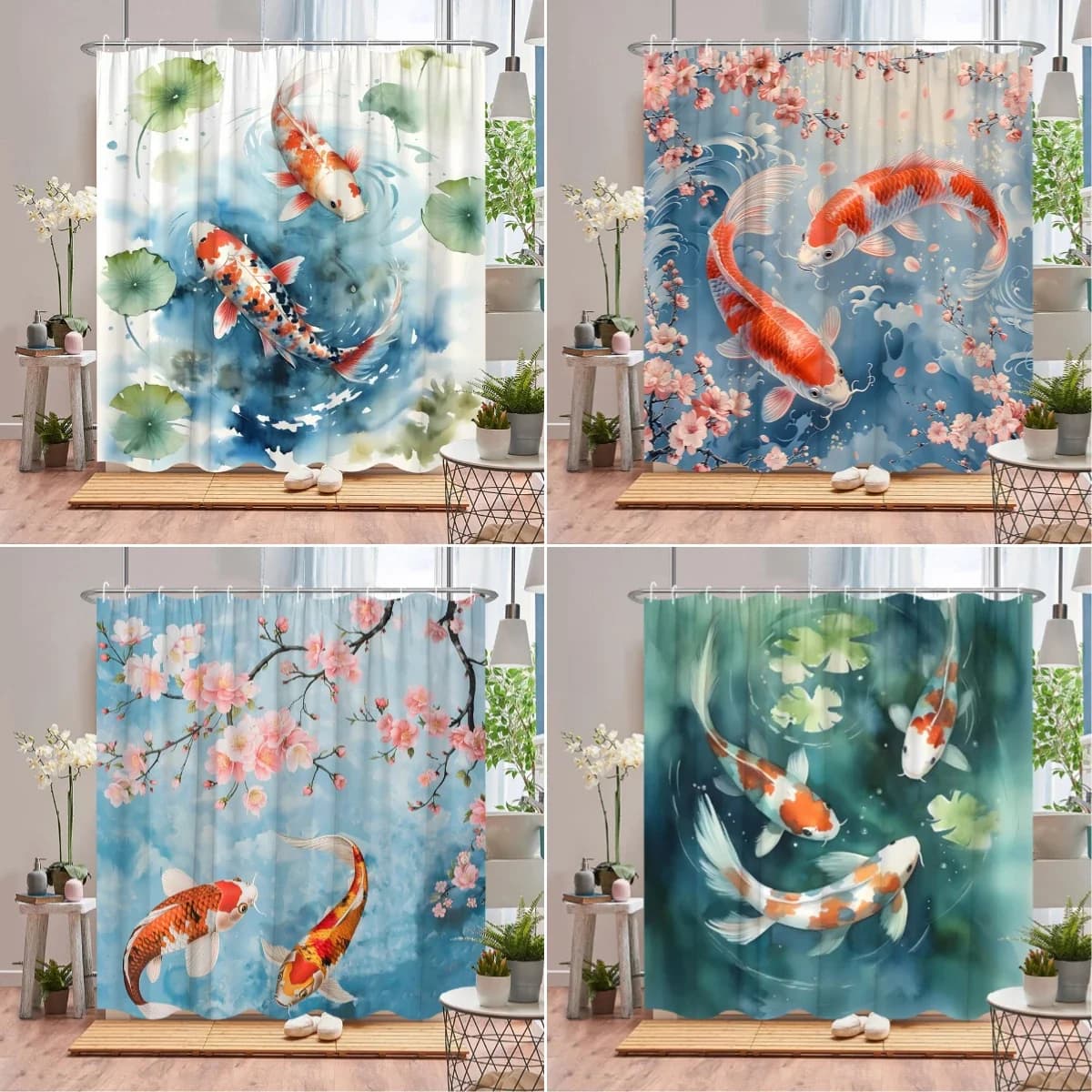 Koi Shower Curtain Asian Landscape Cherry Blossom Plant Pond Lotus Leaf Ink Painting Art Polyester Fabric Bathroom Decor Curtain