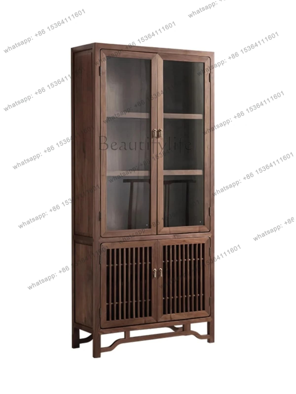 Nuova Libreria in Noce Cinese con Vetrina, Mobile Espositore in Legno Massello per Vini, Stile Zen, per Stoccaggio e Conservazione