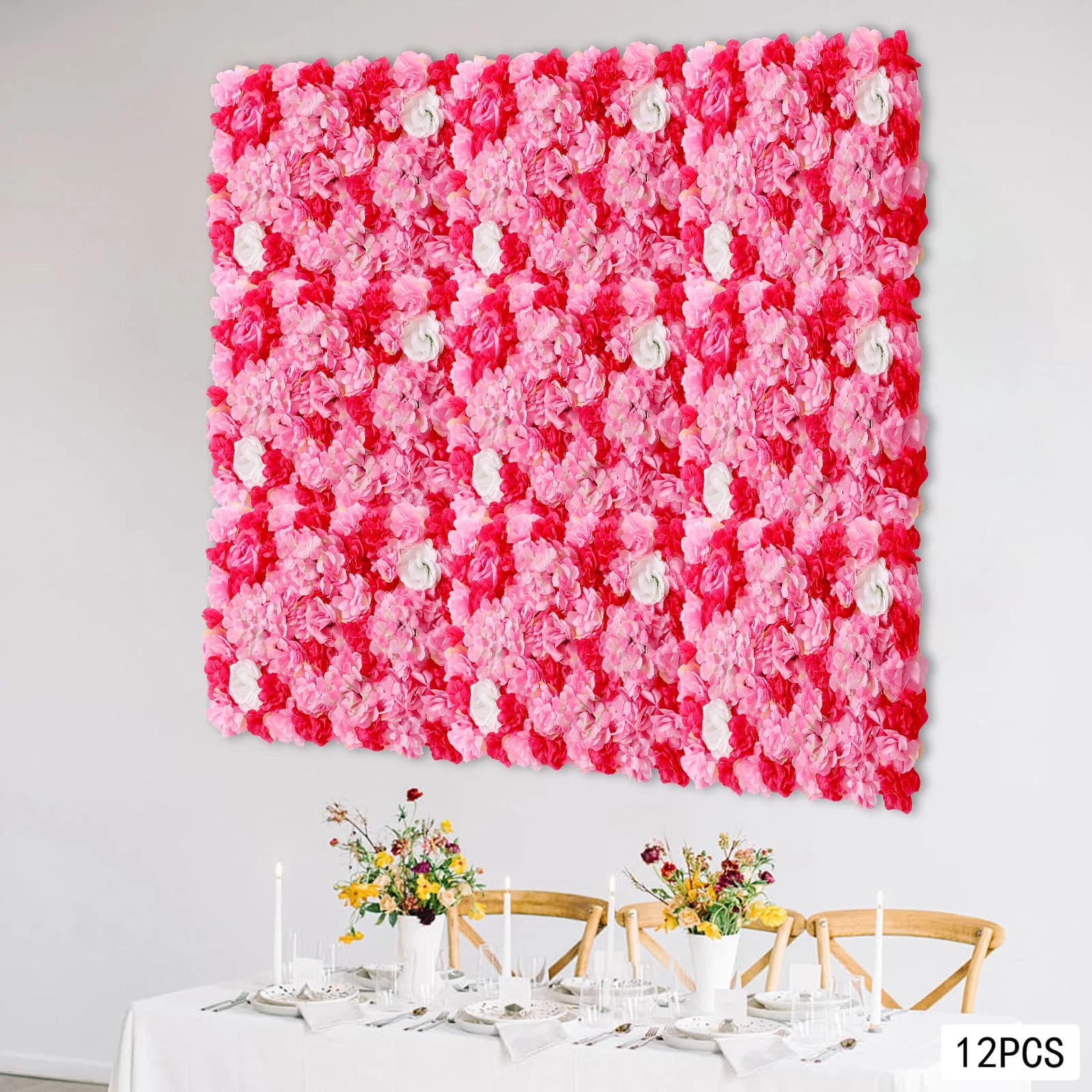 Set di 12 Pannelli Floreali da Parete, Rose Rosse Artificiali, Dalia e Ortensie, Piante in Plastica e Seta per Decorazioni Interne ed Esterne, Matrimoni e Feste