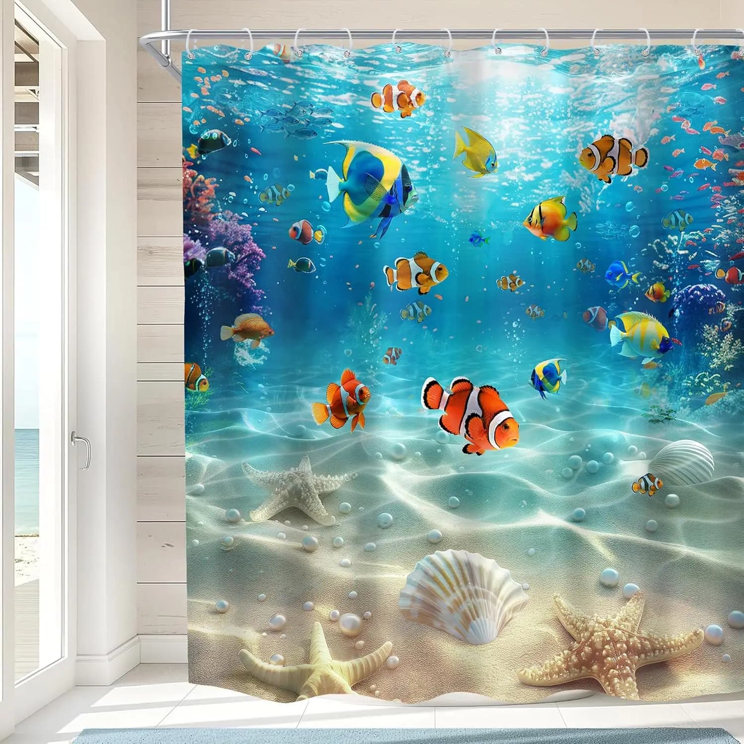 Tenda da Doccia con Pesci Oceanici, Pesci Tropicali Subacquei, Stelle Marine e Coralli, Impermeabile con Ganci