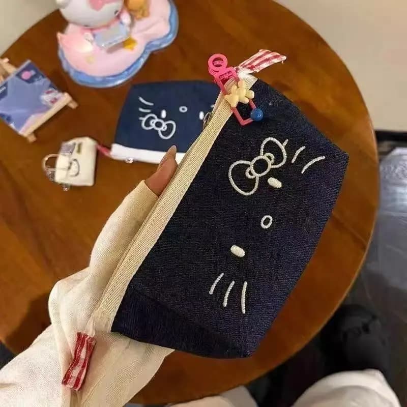 Hello Kitty Inspired Jeans Pencil Pouch Kawaii Anime Character Denim Pen Holder Large Capacity for Markers Rulers Gift wholesale