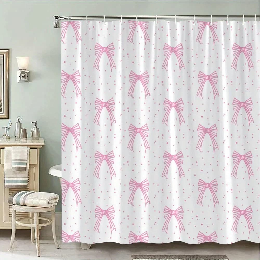 Tenda da doccia con fiocchi rosa con puntini - Design stravagante romantico, tessuto in poliestere, 12 ganci, arredamento per il bagno a tema della moda
