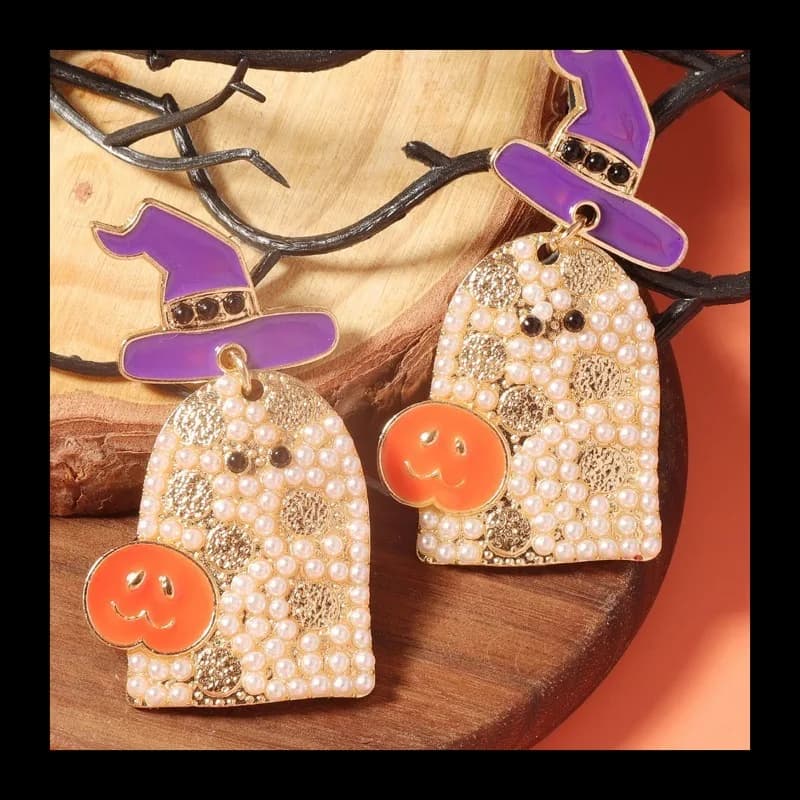 Halloween Design creativo divertente di vendita caldo Senso di perline di riso carine che indossano cappelli Orecchini di nicchia fantasma