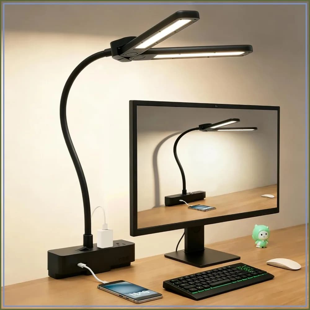 LED Desk Lamp with Clamp, Flexible Gooseneck, 3 Brightness & 3 Color Modes, 2AC+USB-C Charging, Eye-Caring for Home Office