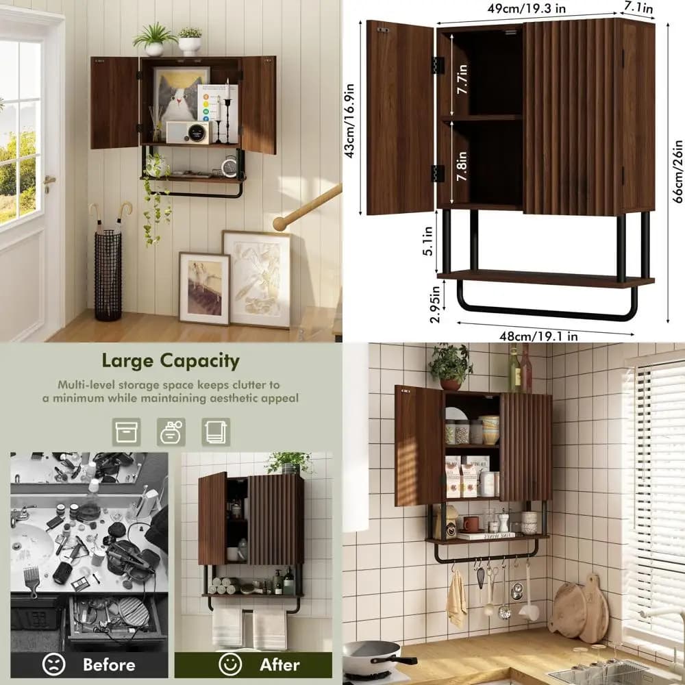 Mobiletto da bagno a 3 livelli in noce scuro, stile rustico, con 2 ante, ripiano regolabile e portasciugamani
