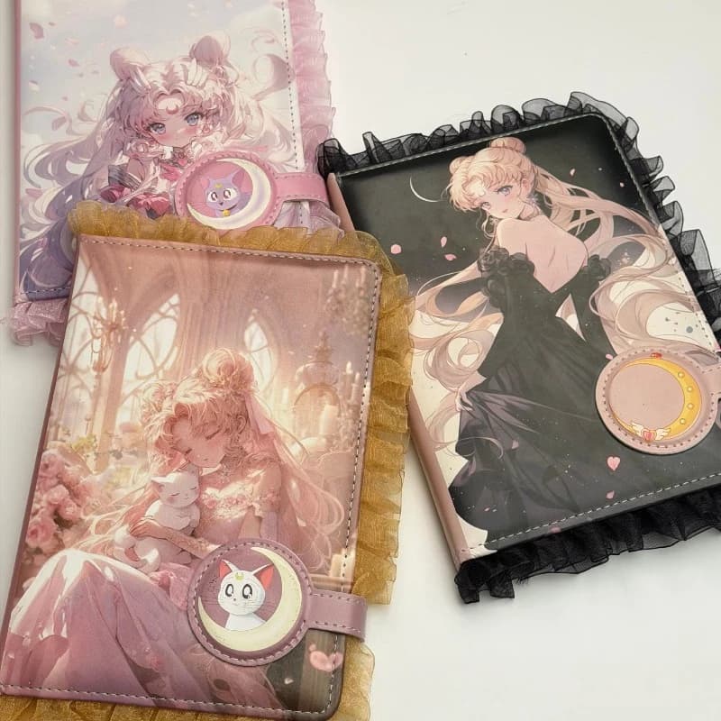 Sailor Moon Lovely Pattern Printed Journal with Lace Edge Full Color Pages Portable Compact Diary Notebook School Stationery