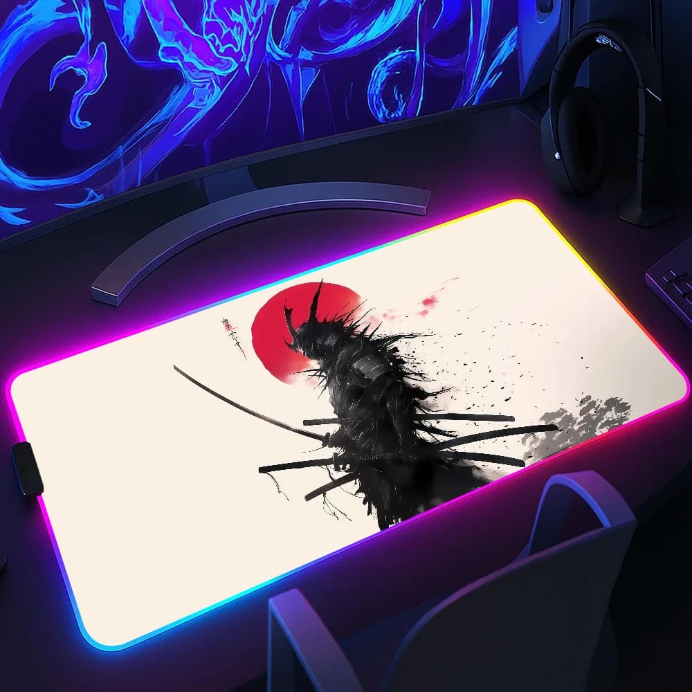 Black white Japanese samurai crow Mouse Pad RGB LED Light Non-Slip Rubber Base Waterproof Office PC Home Desk-Mat USB Large Game