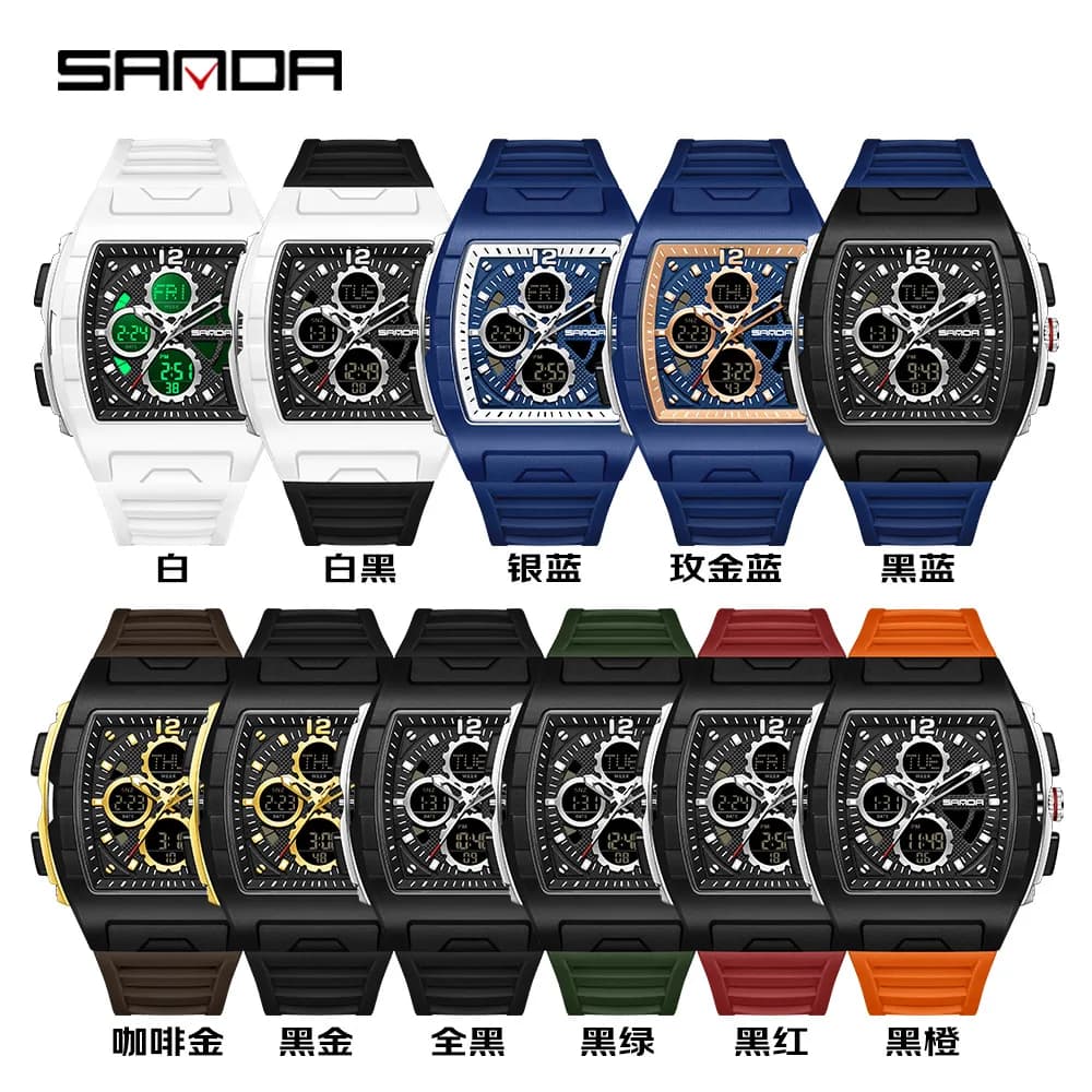 SANDA New Dual Display Watch for Men Sport 5Bar Waterproof LED Luminous Analog Digital Alarm Clock Electronic Quartz Men Watch
