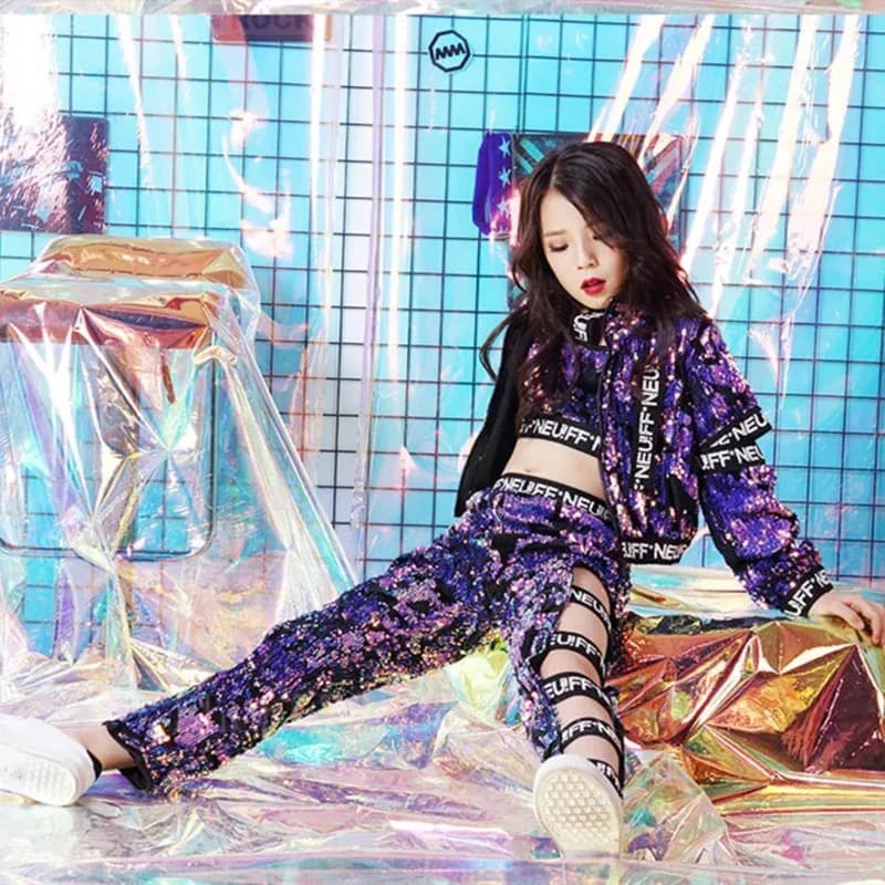 Bambini Hip Hop Paillettes Viola Moda Ragazza Jazz Costume di danza Cool Sala da ballo Crop Pantaloni vuoti Bambini moderni che ballano il tessuto TUb;4.