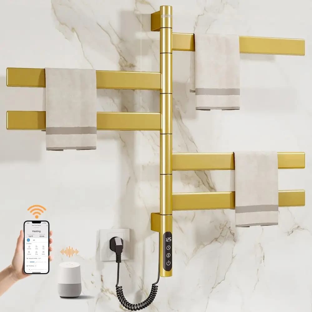 Scaldasalviette Elettrico Girevole a 5 Barre, Controllo Tramite App Wi-Fi, Timer 24H, Acciaio Inossidabile, IPX5, Cablato/Con Collegamento alla Presa, Oro