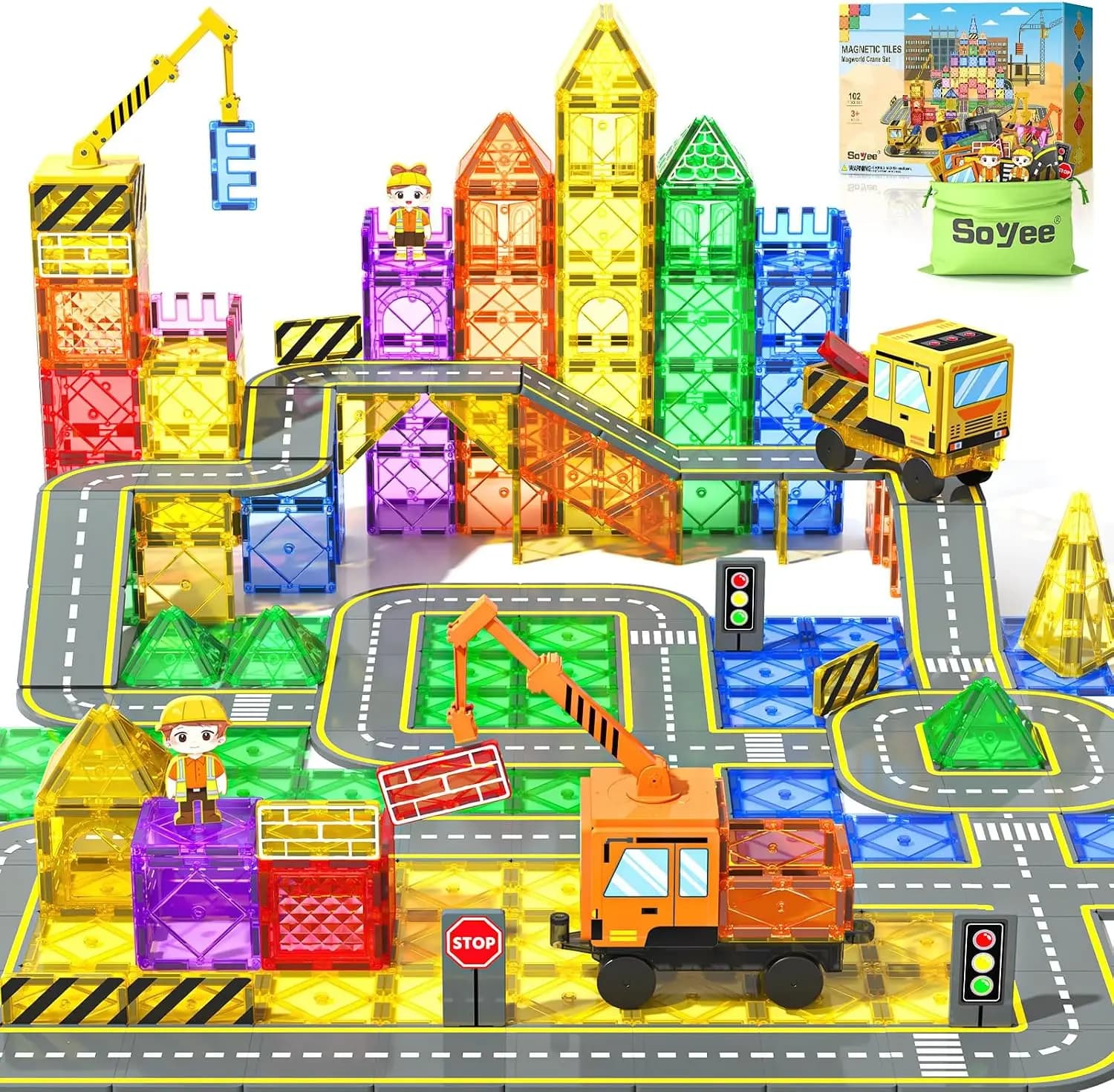 102 PCS Magnetic Tiles, 2 Cars & 2 Cranes - Magnet Building Toys for Creative STEM Play, Gifts 3-12