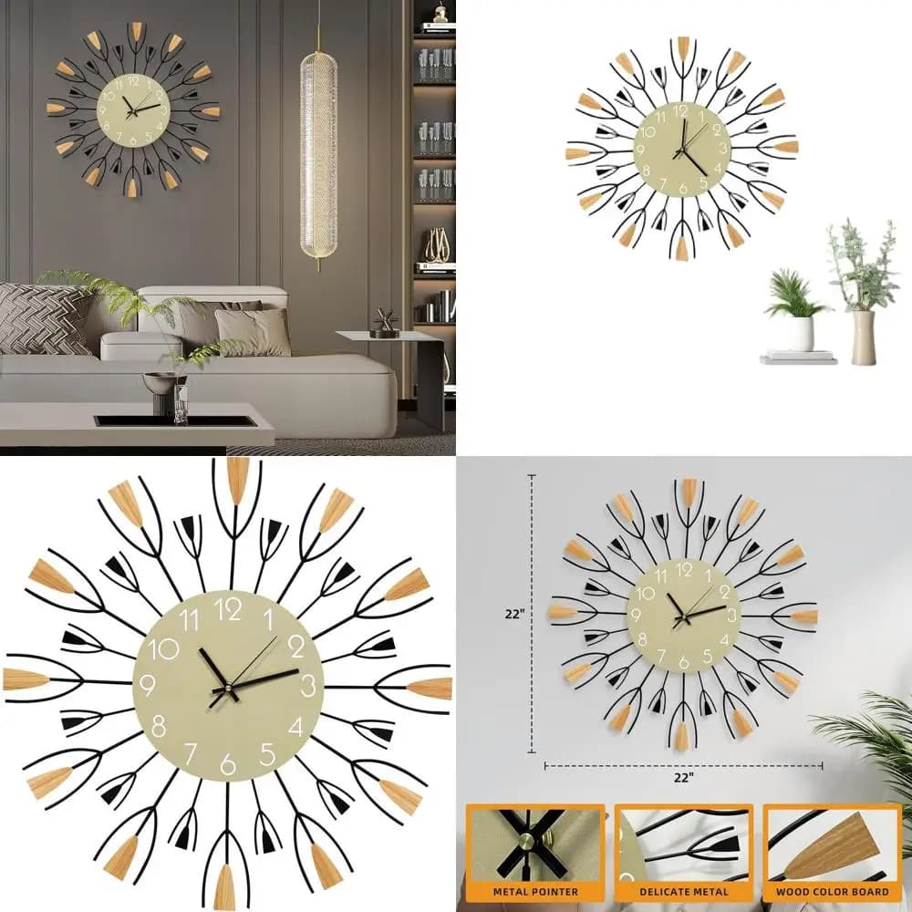 Silent Wall Clock Metal Sunburst Style 24 Inch, Battery Powered for Home or Office