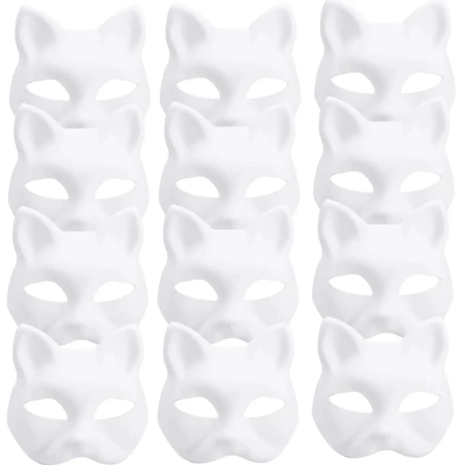 5PCS Therian Masks White Cat Masks Blank DIY Halloween Mask Animal Half Facemasks Masquerade Cosplay Party