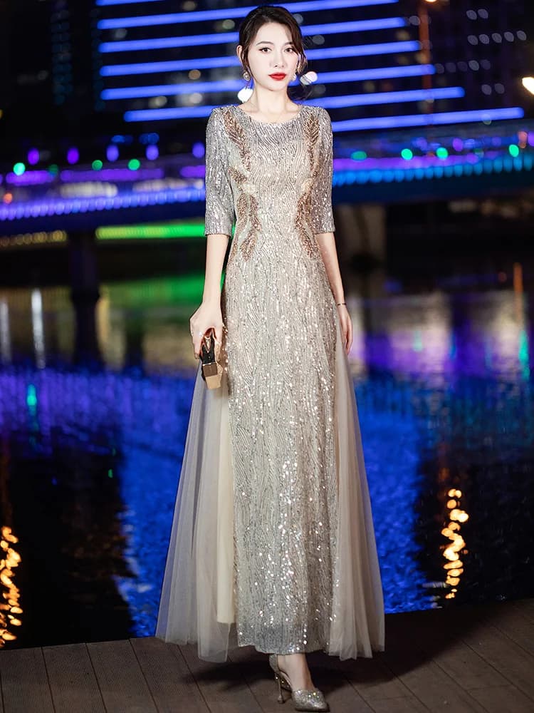 Abito da sera elegante per performance, costume da direttore di coro femminile, gonna lunga coreana con perline a vita media