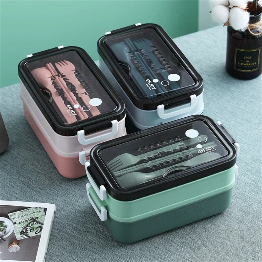 Lunch Box a doppio strato 1pc Scomparto portatile Scatola per alimenti Lunch Box per microonde con forchetta Bacchette e cucchiaio per ufficio scolastico