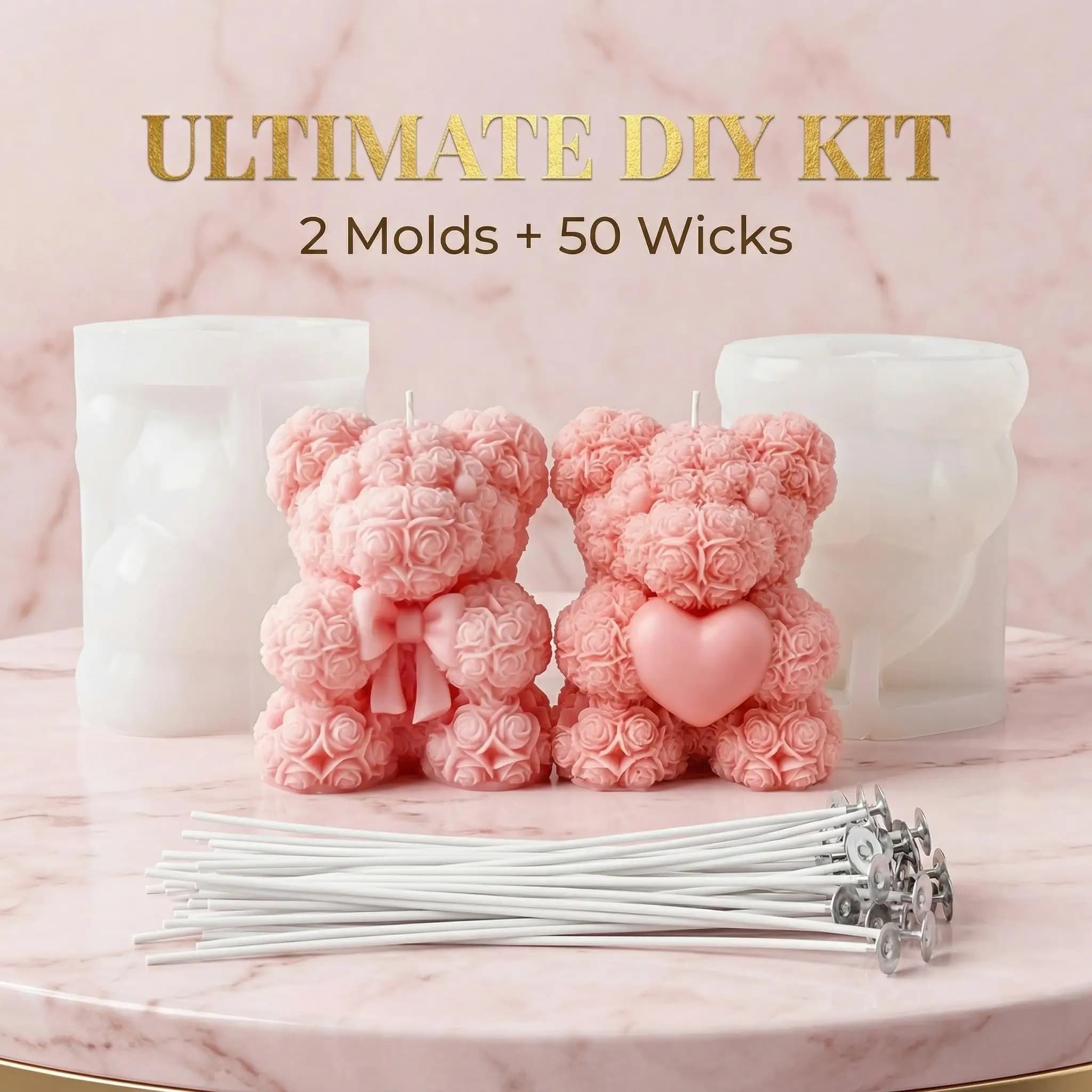 Set di 1/2 Stampi in Silicone 3D a Forma di Cuore, Fiocco e Rosa + 50 Stoppini da 12cm Gratuiti per Candele Fai-da-Te, Resina, Sapone, Aromaterapia, Decorazioni Artistiche e Regali