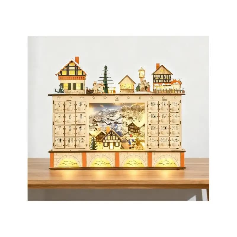 Christmas Advent calendar in wood with drawers on the countdown, decoration of the holiday village