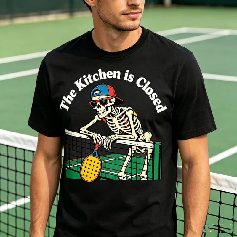 The Kitchen is Closed Skeleton Pickleball T-Shirt Funny Sport Racket Graphic Tee Casual Short Sleeve Shirt Streetwear Player Fun