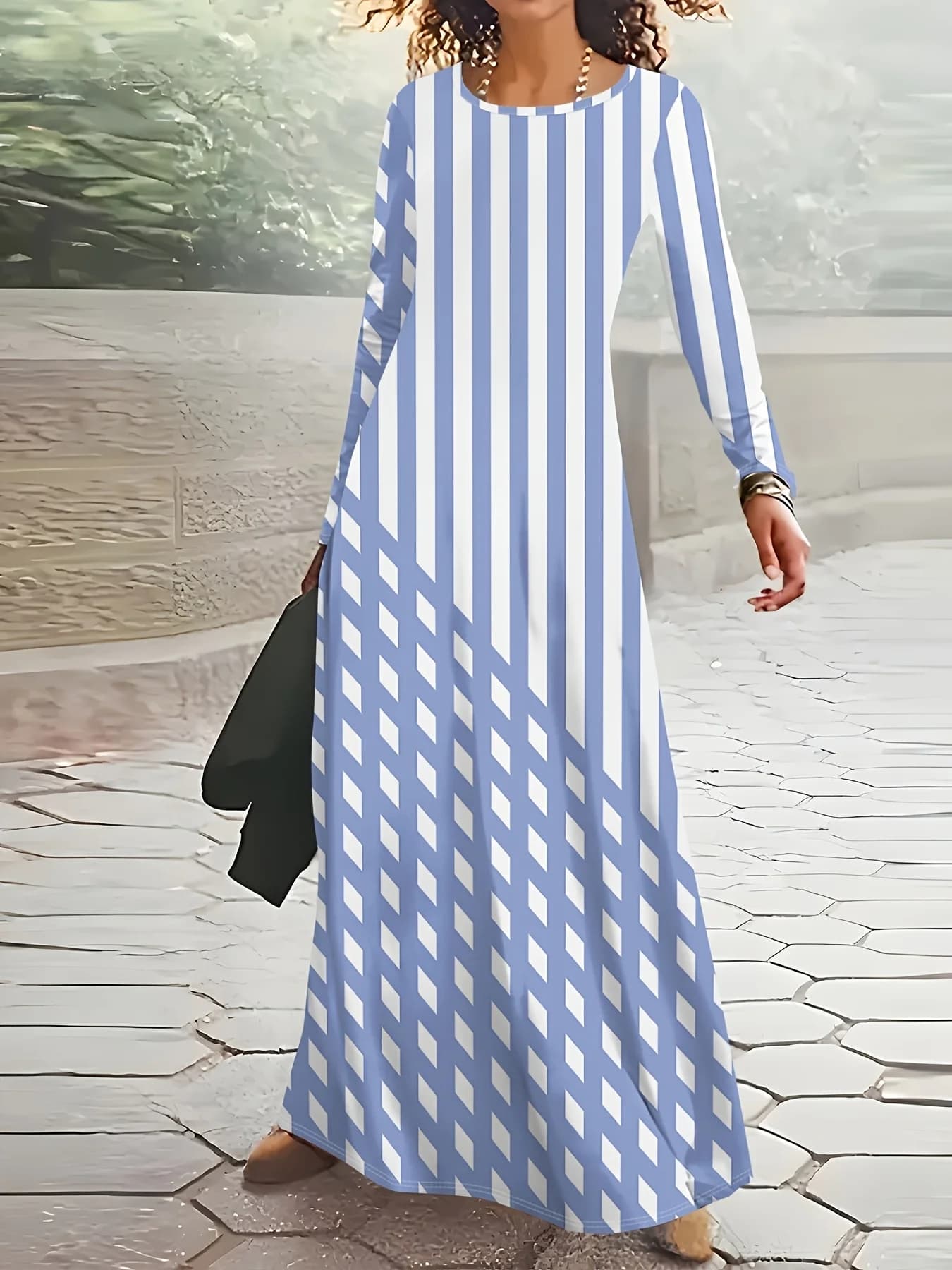Printed Design Casual Style Blue White Vertical Stripe Pattern Women's Long Sleeve Dress